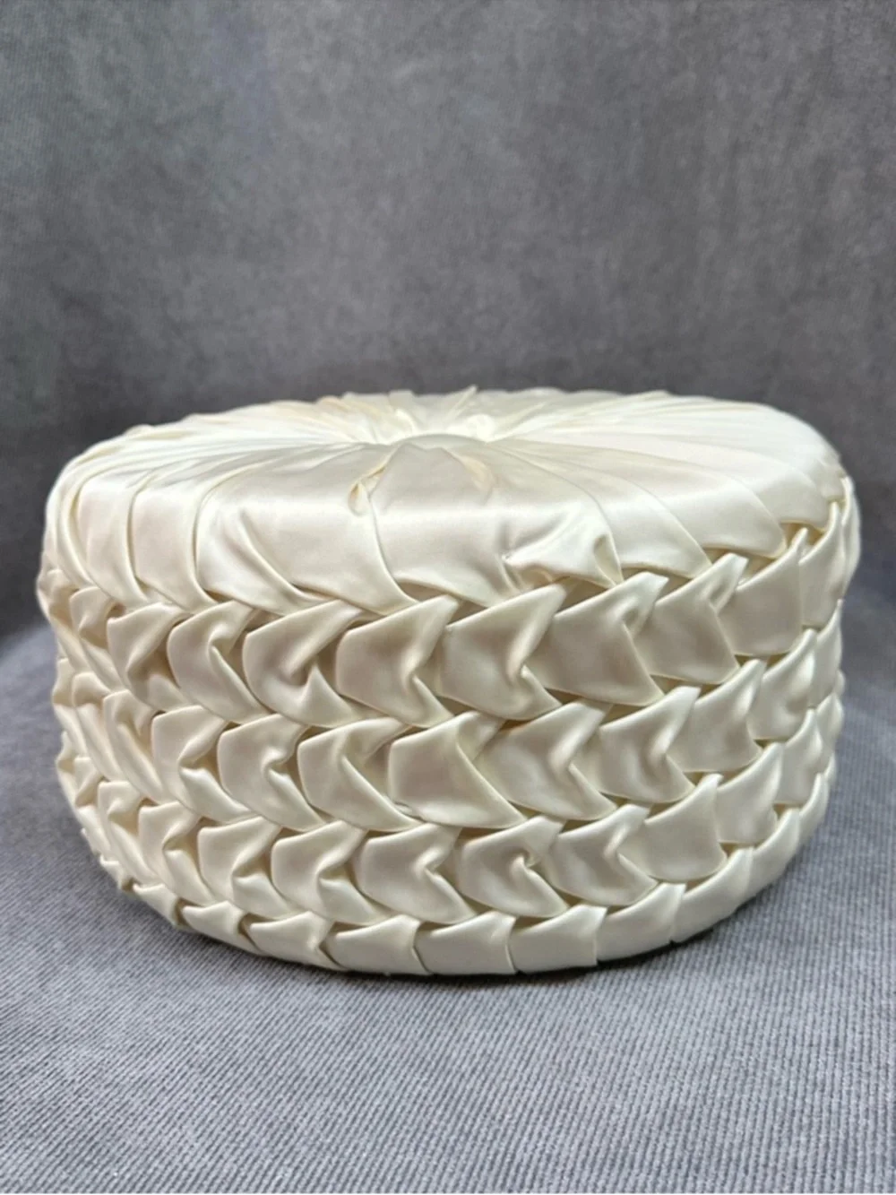 Vintage pleated round satin pillow cushion white